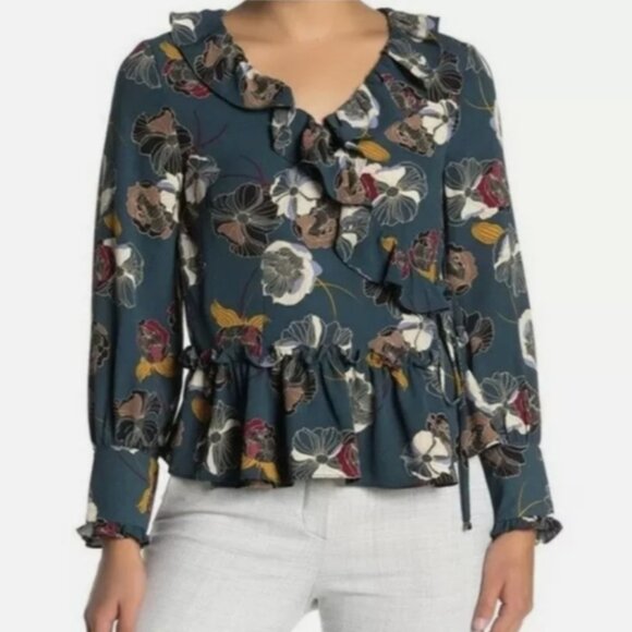 everleigh Tops - Anthro Everleigh Dark Teal Ruffle Wrap Floral Blouse Sz Large